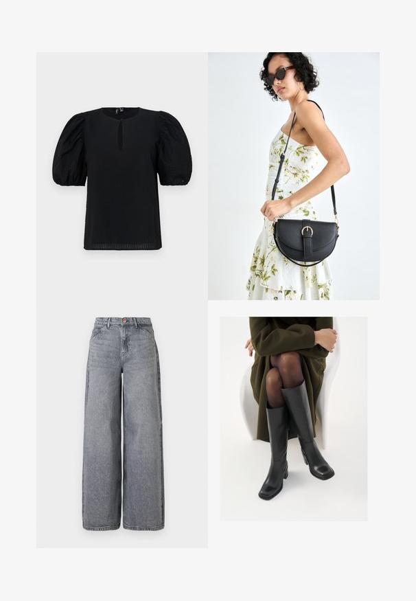 Svart bluse med puffede ærmer, rund udskæring og en lille nøglehul-detail foran. Tekstureret stof med subtilt rutenetmønster.; Bredje denimjeans i en falmet grå vask, med fem lommer, knappestenging, og en myk tekstur med subtile slitasjedetaljer.; Knæhøye sorte lærstøvler med firkantet tå og blokkhelt, vist med en modell som sitter iført en olivengrønn kåpe. Glatt tekstur, minimal detaljering.; Svart lærveske med en buet form, avtagbar stropp og gullbeslag. Vesken har et klaff med spenne-detall.
