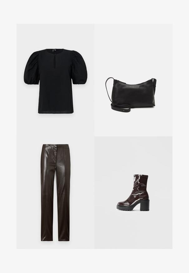 Sort bluse med puffede ærmer, rund halsudskæring og en lille nøglehulldetalje foran. Teksturert stof med subtil rutemønster.; Mørkebrune, lige læderbukser med en glat overflade og subtile sømdetaljer langs forsiden.; Glatte burgunder ankelstøvler med en chunky sort hæl, der har en glat tekstur og et simpelt design. Ingen synlige lukninger eller mønstre.; Sort læder skuldertaske med en glat tekstur, buet form, justerbar rem og lynlås. Minimalistisk design uden udsmykninger.