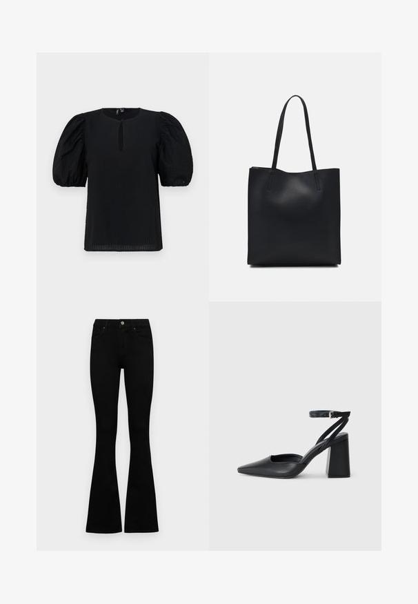 Schwarze Bluse mit puffähnlichen Ärmeln, rundem Ausschnitt und einem kleinen Schlitzdetail vorne. Texturiertes Material mit dezentem Karomuster.; Schwarze hochtaillierte Jeans mit einem Knopf- und Reißverschluss, Fronttaschen und ausgestellten Beinen, flach auf einem weißen Hintergrund ausgelegt.; Schwarze Leder-Pumps mit spitzer Zehe, einem Knöchelriemen und einem blockigen Absatz. Flache Textur, elegantes Design und minimalistische Ästhetik.; Schwarze Laptoptasche aus Leder mit glatter Textur, rechteckiger Form und zwei langen Griffen. Keine sichtbaren Beschläge oder Verzierungen.