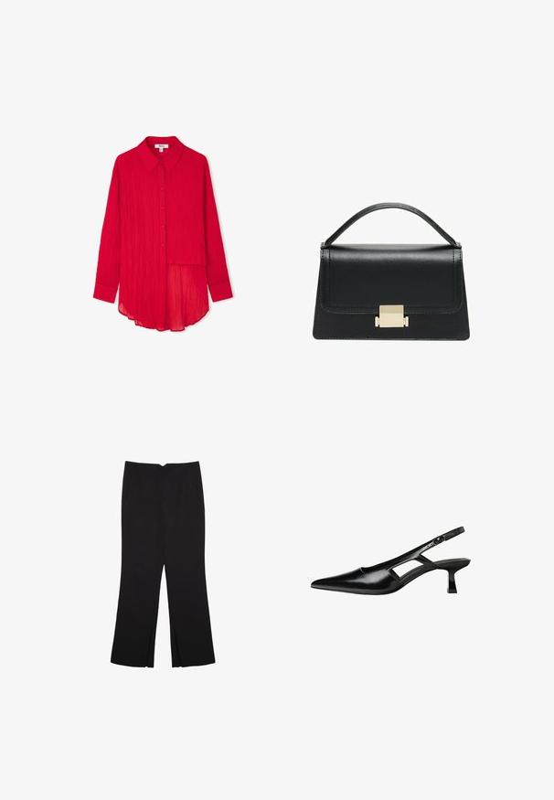 Czerwona, pomarszczona koszula z materiału, z wywiniętym kołnierzykiem, guziczkami z przodu, długimi rękawami i wygiętym dołem. Posiada asymetryczny zakład na przodzie.; Czarne spodnie o prostym kroju, z przednimi kieszeniami i bocznymi rozcięciami na dole. Wykonane z miękkiego, gładkiego materiału. Odpowiednie na różne okazje.; Czarne lakierowane czółenka na odkrytej pięcie z wąskim noskiem, z wykrojem po bokach i małym kwadratowym obcasem. Gładka faktura z minimalnymi akcentami.; Czarna skórzana torebka o zorganizowanej konstrukcji, z górną rączką i złotym metalowym zapięciem z przodu. Gładka faktura, minimalne przeszycia.