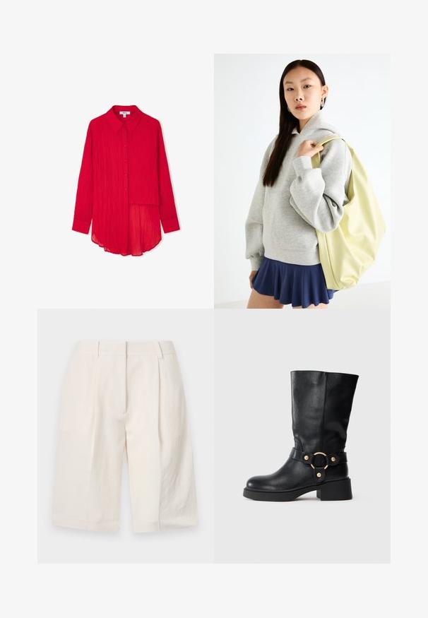 Red, crinkled fabric shirt with a pointed collar, front buttons, long sleeves, and a curved hem. Features an asymmetrical overlay at the front.; White linen shorts with a tailored design, pleated front, and wide leg openings. Smooth texture and mid-thigh length.; Black mid-calf leather boot with chunky heel and decorative strap featuring a gold circular buckle on a white background.; Gray oversized hoodie with a kangaroo pocket, paired with a navy flared skirt. Accessory: large light yellow backpack, smooth texture.