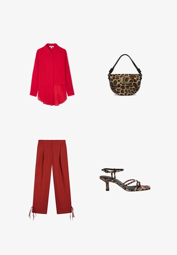 Camicia di tessuto rosso spiegazzato con colletto a punta, bottoni frontali, maniche lunghe e orlo curvo. Presenta una sovrapposizione asimmetrica sul davanti.; Pantaloni larghi rossi con vita elastica e lacci alle orli, realizzati in tessuto leggero.; Sandali con tacco in stampa leopardata, con punta quadrata, multiple cinghie e un tacco di altezza media. Realizzati in morbido materiale tessile.; Borsa con motivo leopardato, manico in pelle nera, con dettaglio del logo in tonalità oro. Tessuto testurizzato e forma arrotondata.