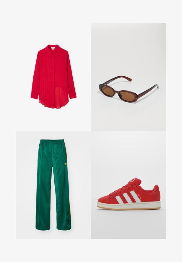 Red, crinkled fabric shirt with a pointed collar, front buttons, long sleeves, and a curved hem. Features an asymmetrical overlay at the front.; Green satin athletic pants with a relaxed fit, featuring yellow stripe accents and an embroidered logo on the left side. Elastic waistband.; Red suede sneakers with three white stripes, rubber sole, rounded toe, and cushioned tongue, featuring "CAMPUS" detail on the side.; Round, brown-tinted sunglasses with a glossy burgundy frame. Slim arms with subtle branding detail. Flat lens design.