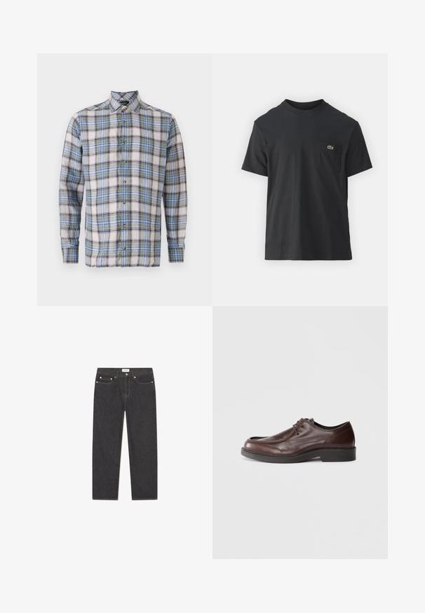 Kockás ing fehér, kék, zöld és lila árnyalatokban. Gombos gallérral, hosszú ujjakkal és elülső gombokkal rendelkezik. Könnyű anyag.; Fekete pamut póló rövid ujjakkal, kerek nyakú, bal oldalon egy kis zöld logóval a zseb fölött. Egyszerű dizájn, normál szabású.; Sötét farmernadrág egyenes szabású dizájnnal, öt zsebes stílusban, fémből készült kiegészítőkkel és finom textúrával; minimális márkajelzés a derékszíjon.; Barna bőrcipő kerek orral, minimális varrási díszítéssel és strapabíró fekete talppal. Fűzős záródással és sima textúrával rendelkezik.