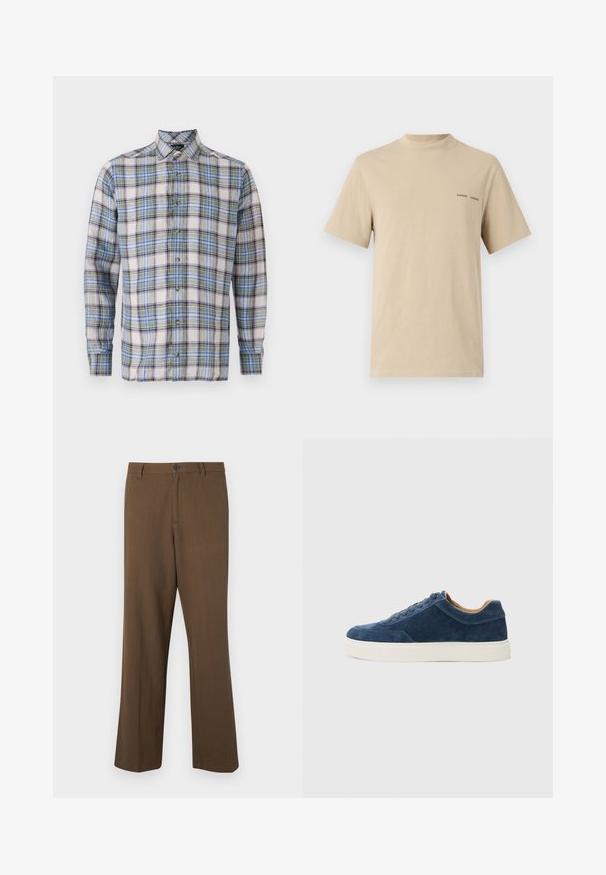 Pledaina krekls baltā, zilā, zaļā un purpura krāsā. Tam ir pogātā apkakle, garās piedurknes un priekšējās pogas. Viegls audums.; Beige kokvilnas t-kreklis ar noapaļotu kakla izgriezumu un īsām piedurknēm. Uz krūtīm ir smalks melns "SAMSOE" teksta logotips.; Brūnas, taisnas kājas bikses, izgatavotas no teksturēta auduma, ar pogu aizdari un standarta jostasvietu, ar sānu kabatām un piegriezumu šuvēm.; Zilas zamša sporta apavi ar baltu gumijas zoli, ar šņorēm, noapaļota purngala forma un kontrastējoša brūna iekšpuse. Smalki izšūšanas elementi.