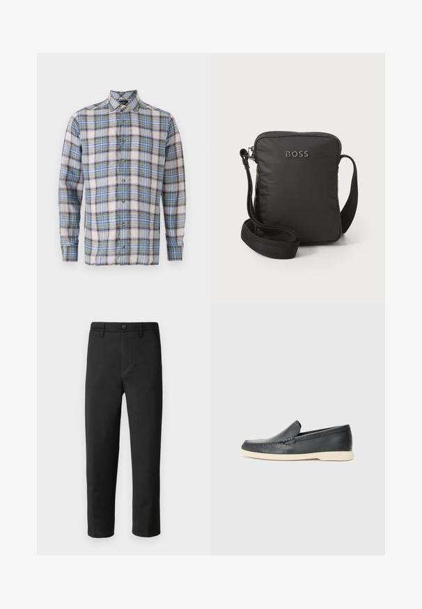Geruite shirt in witte, blauwe, groene en paarse tinten. Heeft een button-down kraag, lange mouwen en knopen aan de voorkant. Lichtgewicht stof.; Zwarte broek met een rechte snit, gemaakt van gladde stof. Voorzien van een knoopsluiting en riemlussen. Geen zichtbare patronen of accenten.; Zwarte leren instappers met een gestructureerde afwerking en een contrasterende beige rubberen zool. Beschikt over een subtiele accent langs de voorkant.; Zwarte nylon schoudertas met een rechthoekige vorm, ritsclosure, verstelbare schouderriem en reliëf "BOSS" logo aan de voorkant.