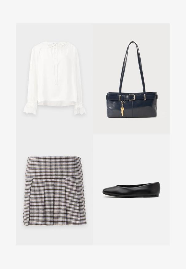 White long-sleeve blouse made of smooth fabric, featuring a round neckline, button closure, and lace-trimmed cuffs. Adjusts with a tie at the neck.; Pleated skirt in a brown, beige, and blue check pattern. Made of a textured fabric with a fitted waistband and decorative pleats.; Paul Smith TOPANGA - Ballet pumps - black; Navy leather handbag with two long handles, a buckle detail, and a keychain attached. Features a smooth texture and a rectangular shape.