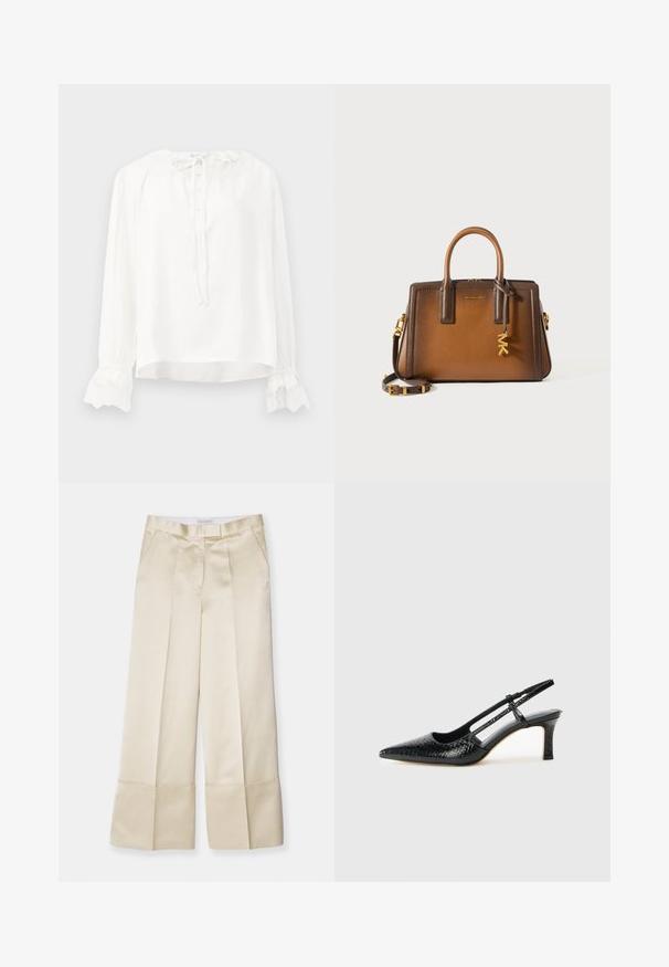 Blouse blanche à manches longues en tissu lisse, avec un col rond, une fermeture à boutons et des poignets ornés de dentelle. Se fixe avec un lien au cou.; Pantalons beige à jambes larges en tissu lisse avec une taille haute, un devant plissé et un ourlet replié, dotés de poches latérales et d'une finition soignée.; Escarpin slingback en vernis noir avec un bout pointu, présentant un imprimé serpent texturé, une sangle réglable et un petit talon bloc texturé.; Sac à main en cuir marron avec deux poignées supérieures, une bandoulière amovible, des accessoires en or et un charme décoratif avec les lettres "MK."