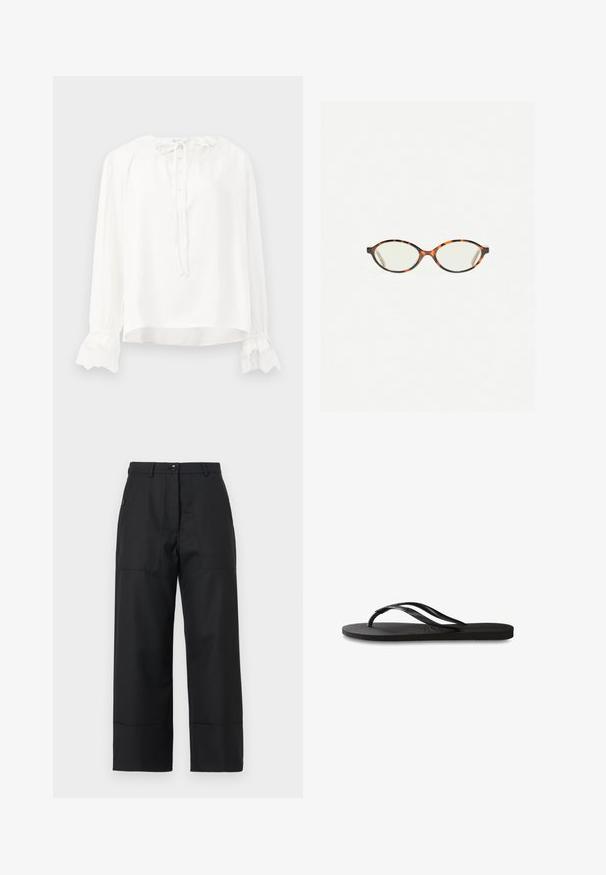 Fehér, hosszú ujjú blúz sima anyagból, kerek nyakkivágással, gombos záródással és csipkés mandzsettával. Nyakkendővel állítható a nyaknál.; Fekete, bő szárú nadrág sima anyagból. Gombos záródás, elülső zsebek és letisztult vonalak jellemzik. A szegélye enyhén harangszerű.; Fekete papucs texturált gumitalppal, két vékony pánttal és finom, domború logóval a pánton.; Tortábar színű szemüveg ovális lencsékkel és sima, elegáns felülettel. Vékony szárakkal rendelkezik, amelyeken finom ív található a halántéknál. Átlátszó lencsék.