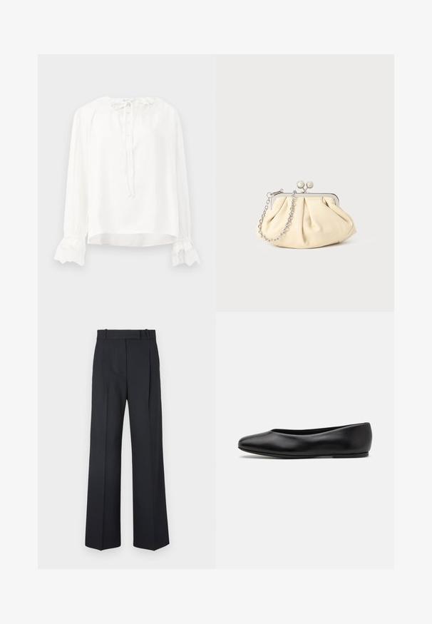 Blouse blanche à manches longues en tissu lisse, avec un col rond, une fermeture à boutons et des poignets ornés de dentelle. Se fixe avec un lien au cou.; Pantalons rayés bleu foncé à taille haute, avec une coupe large et sans matériel ni embellissements visibles. Texture lisse et ajustement ajusté.; Paul Smith TOPANGA - Ballerines - black; Pochette en cuir beige plissé avec un cadre en métal argenté, dotée de deux fermoirs ronds décoratifs et d'une chaîne en argent.