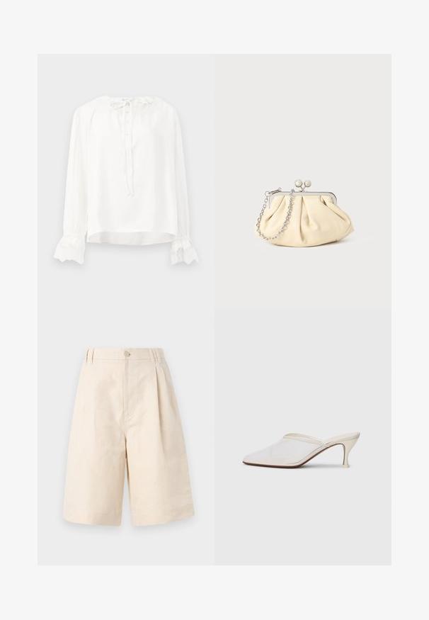 Witte blouse met lange mouwen van soepel materiaal, met een ronde halslijn, knoopsluiting en manchetten met kant. Het kan worden aangepast met een strik om de hals.; Beige linnen shorts met een relaxte pasvorm, voorzien van een knoopsluiting, geplooid ontwerp en knie-lange snit. Glad textuur en eenvoudig stijl.; Witte mesh puntige muiltjes met een slanke hak van middelgrote hoogte en een slip-on ontwerp, tegen een effen achtergrond.; Geplooide beige leren clutch met een zilveren metalen frame, voorzien van twee ronde decoratieve sluitingen en een zilveren kettingriem.