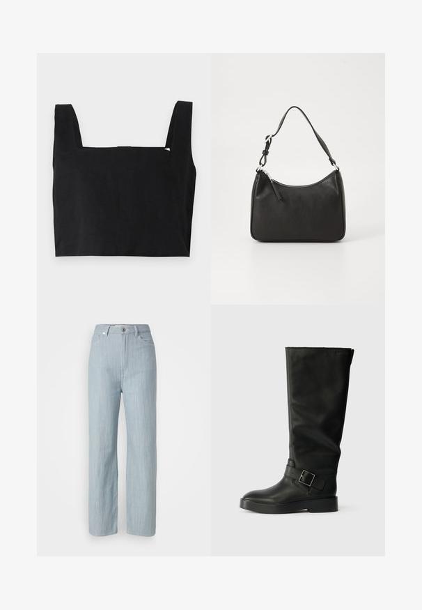 Sort cropped top lavet af bomuld med firkantet halsudskæring og brede stropper. Stoffet har en glat tekstur og et minimalistisk design.; Lysblå straight-leg jeans lavet af denim. Har fem lommer, en metal knaplukning og subtile slidser for tekstur.; Sorte knæhøje støvler lavet af glat læder, med rund tå, en tyk sål og et vandret rem med en rektangulær spænde detalje.; Sort læderhåndtaske med en buet form, en enkelt rem, lynlås lukning og diskret branding på forsiden. Glat tekstur, minimalistisk design.