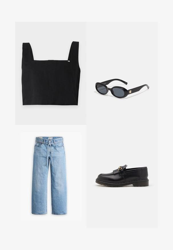 Sort cropped top lavet af bomuld med firkantet halsudskæring og brede stropper. Stoffet har en glat tekstur og et minimalistisk design.; Lysblå denim bukser med vid ben, høj talje, knap- og lynlåslukning samt snoretræk i taljen. Raflet kant.; Sorte læder loafers med en rund tå, dekorativ frynse og gyldne hardware detaljer. Tykt gummisåle for ekstra greb og holdbarhed.; Sorte ovale solbriller med mørke linser, glansfuld plastikramme, brede arme og en lille gul accent på den ene side.; Sort læderhåndvask med en struktureret form, en glat overflade og en enkelt skulderrem. Har et subtilt, rundet klapdesign.