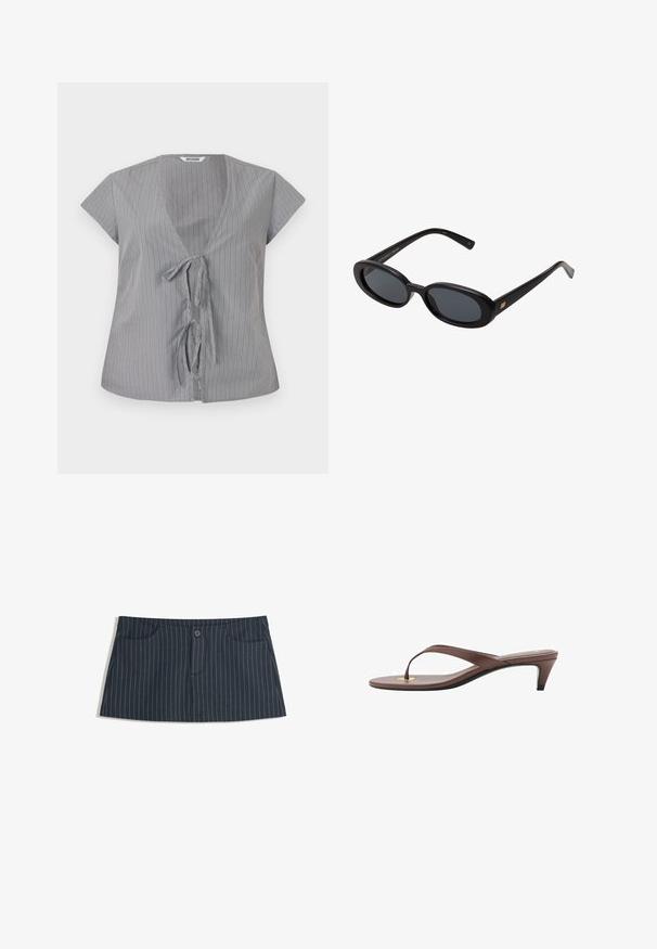 Harmaa raidallinen paita, jossa on V-kaula-aukko ja lyhyet hihat. Edessä nyöri suljenta ja pehmeä kangas. Pystysuorat raidat lisäävät visuaalista kiinnostavuutta.; Tummansininen pinstripe-minihame, jossa on etutaskut ja yksi napitus vyötäröllä.; Kahvoit varrelliset flip-flop sandaalit, joissa on hoikka hihna ja pyöristetty varvasosa, sekä pieni kultainen yksityiskohta pohjalla.; Mustat ylisuuruiset aurinkolasit, jotka ovat soikeat linssit, sileä muovikehys ja kultaiset korostukset temppeleissä. Tummat linssit tarjoavat suojaa auringolta.; Mustan, pehmeän nahkabagin ainutlaatuinen kierretty muotoilu. Varustettu lyhyellä kahvalla ja irrotettavalla olkahihnalla. Minimalistinen tyyli.