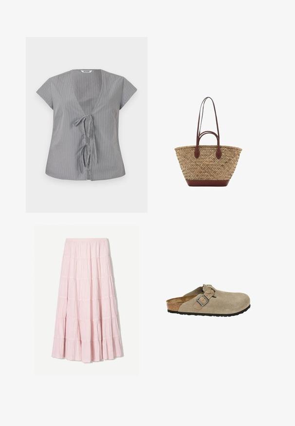 Sivorayasti zgornji del z V-izrezom in kratkimi rokavi. Ima zanko na sprednji strani in mehak tekstil. Navpične črte dodajajo vizualno zanimivost.; Svetlo roza, večerna krila s sloji iz teksturirane, lahke tkanine. Elastika v pasu in padajoči rob z nabrano obrobo.; Bež suède klompe s zaobljenim nosom, nastavljivim trakom in sponko, pluto srednjim podplatom in teksturiranim črnim gumijastim podplatom za oprijem.; Tkana torba iz trstike z pleteno teksturo, temno rjavi usnjeni ročaji in dno, široka okrogla oblika in odprt vrhnji del.