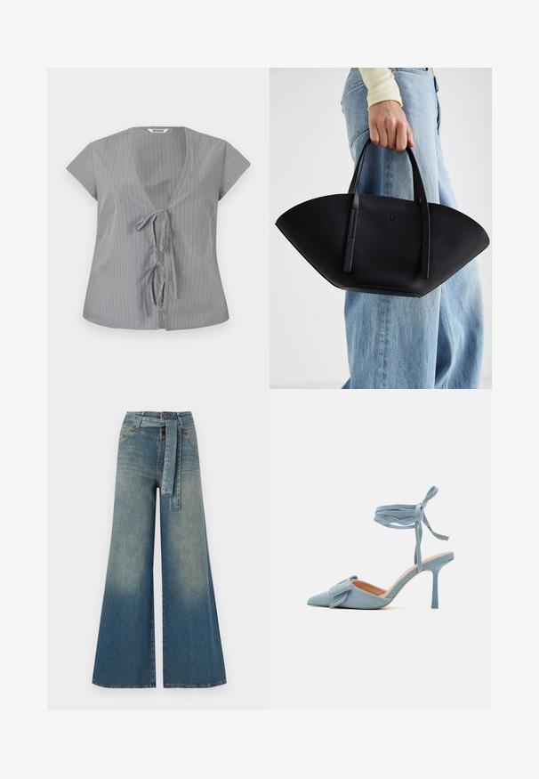 Pelēka svītrainā krekla ar V veida kakla izgriezumu un īsām piedurknēm. Iekļauj priekšējo saites aizdari un maigu auduma tekstūru. Vertikālās svītras piešķir vizuālu interesantumu.; Platām kājām džinsu bikses ar gaismas līdz tumši zilam gradientam, augstu jostas līniju, jostas cilpām un atbilstošu auduma jostu. Tekstūrēts džinsas apdare.; Zilnīšu augstpapēžu kurpes ar norādītu purngalu, izgatavotas no gaiši zilas auduma ar teksturētu apdari, ar loku akcentu un potītes siksniņu drošai piestiprināšanai.; Melnas ādas rokassoma ar unikālu ventilatora formu, aprīkota ar plakaniem rokturiem. Virsma ir ar graudainu faktūru un minimālistisku dizainu.