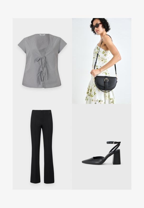 Pilkas dryžuotas viršus su V formos iškirpte ir trumpomis rankovėmis. Rodo priekinį užsegimą su kaklaraiščiu ir minkštą audinio tekstūrą. Vertikalūs dryžiai prideda vizualaus įdomumo.; Juodos plačios kelnės su rausvos tekstūros ir prigludusia juosmens dalimi. Dizainas apima vertikalius siūlus, kad atrodytų elegantiškai. Nėra matomų detalių.; Juoda odinė smailiagalė aukštakulnio bateliai su kulkšnies dirželiu ir storu kulnu. Lygus paviršius, elegantiškas dizainas ir minimalistiška estetinė. ; Juodas odinis krepšys su išlenkta forma, nuimamu dirželiu ir auksiniais detalėmis. Krepšys turi kilpą su sagtimi.