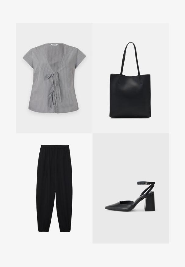 Grau gestreiftes Oberteil mit V-Ausschnitt und kurzen Ärmeln. Verfügt über einen vorderen Bindeschluss und einen weichen Stoff. Vertikale Streifen sorgen für visuelles Interesse.; Schwarze, leichte Hosen mit einem elastischen Bund und gerafften Knöcheln. Der Stoff ist glatt und hat ein entspanntes, schmal zulaufendes Design.; Schwarze Leder-Pumps mit spitzer Zehe, einem Knöchelriemen und einem blockigen Absatz. Flache Textur, elegantes Design und minimalistische Ästhetik.; Schwarze Laptoptasche aus Leder mit glatter Textur, rechteckiger Form und zwei langen Griffen. Keine sichtbaren Beschläge oder Verzierungen.