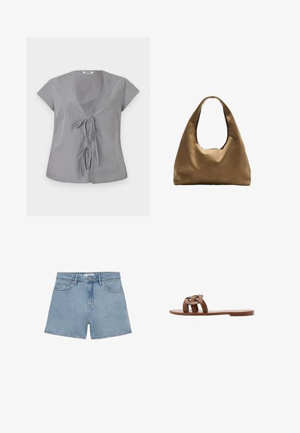 Šedý pruhovaný top s výstrihom do V a krátkymi rukávmi. Obsahuje predné väzovanie a jemnú textúru látky. Vertikálne pruhy pridávajú vizuálny záujem.; Svetlomodré džínsy s vysokým pásom, štyrmi vreckami a zapínaním na gombík. Majú klasický strih s rovným nohavicami a roztrhnutý lem.; Hnedé ploché sandále vyrobené z umelého materiálu s pleteným dizajnom remienkov a hladkou plochou podrážkou. Bez podpätka, minimalistická estetika.; Hnedá látková taška cez rameno s širokým, zaobleným telom a veľkým vyrezaným uchom. Mäkčená textúra, minimalistický dizajn a bez viditeľného kovania.