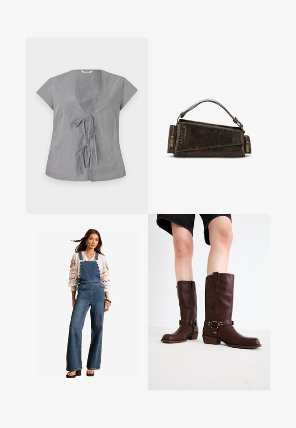 Top a rayas grises con escote en V y mangas cortas. Presenta un cierre frontal con lazo y una textura de tejido suave. Las rayas verticales añaden interés visual.; Pantalones de mezclilla tipo peto con un diseño escallopado en la parte delantera, piernas acampanadas y bolsillos laterales. Combinados con una blusa blanca bordada y accesorios de madera.; Botas de cuero marrón hasta la rodilla con punta redonda, superficie texturizada, correa en el tobillo y detalles de hardware plateado; tacón apilado.; Bolso de piel marrón con un diseño geométrico, que presenta un asa superior y acentos de cremallera de latón. Logo grabado en el lateral.