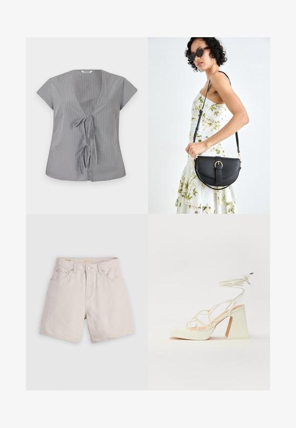 Siva prugasta majica s V-izrezom i kratkim rukavima. Ima prednje vezanje i mekanu teksturu tkanine. Vertikalne pruge dodaju vizualni interes.; Beige traperice kratke hlače viskog struka s dugmadi sprijeda, petljicama za pojas i dizajnom s pet džepova; lagane su i imaju glatku teksturu.; Bijela sandala na visokoj potpetici s debelim petom, s remenom i vezanjem oko gležnja. Glatka tekstura s platformom sprijeda za dodatnu visinu.; Crna kožna torba s lukovitim oblikom, odvojivim remenom i zlatnim detaljima. Torba ima preklop s kopčom.