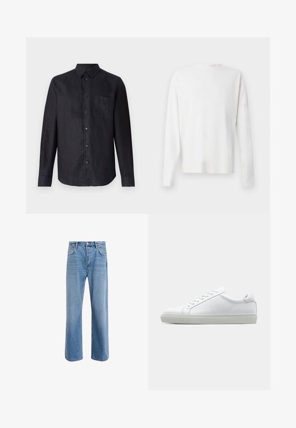 Camisa negra de manga larga en tejido texturizado, con cierre de botones en la parte delantera, un cuello clásico y un bolsillo en el pecho izquierdo.; Camisa de algodón blanca de manga larga con cuello redondo, aberturas laterales en la parte inferior y una textura suave, exhibida desde la parte de atrás.; Jeans de mezclilla azul claro con un diseño de pierna recta, cinco bolsillos, cierre de botón, ligeramente desgastados y detalles de costura en contraste.; Zapatilla blanca con parte superior de cuero liso y perfil bajo. Presenta una puntera redondeada, seis ojales y una suela de goma texturizada.