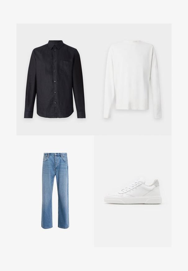 Črna dolga majica z dolgimi rokavi iz teksturiranega blaga, s sprednjim zapenjanjem na gumbe, klasičnim ovratnikom in žepek na levem prsnem delu.; Bela bombažna srajca z dolgimi rokavi in okroglo ovratnikom, z bočnimi razporki na dnu in gladko teksturo, prikazana s hrbtne strani.; Svetlo modre denim kavbojke s ravno nogavico, petimi žepi, z gumbom za zapiranje, minimalnim zbledelostjo in kontrastnimi šivi.; Bele usnjene športne copate z gladkim zaključkom, okroglo konico, ravnimi vezalkami in teksturiranim podplatom. Sivi semiš detajl na peti.