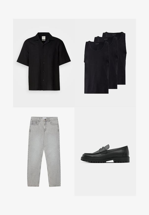 Mustra musta lühikeste varrukatega särk, mis on valmistatud linase riide materjalist, esiosas nupud, terav krae ja sile tekstuur. Pole silmapaistvaid mustreid ega aktsente.; Mustaline mustad puuvillased tank topid kolmes pakis, ümmarguse kaeluse ja varrukateta disainiga, sileda tekstuuri ja klassikalise lõikega.; Heledad hallide denimpüksid otse säärekujundusega, viie-taskulise stiliseerimise ja nupukinnitusega. Nähtav õmblus kõrvuti.; Mustad musta nahast loafers, millel on ümar varvas, tikandiga disain, madal platvorm-soon ja tekstureeritud, soonikkummist välistald.