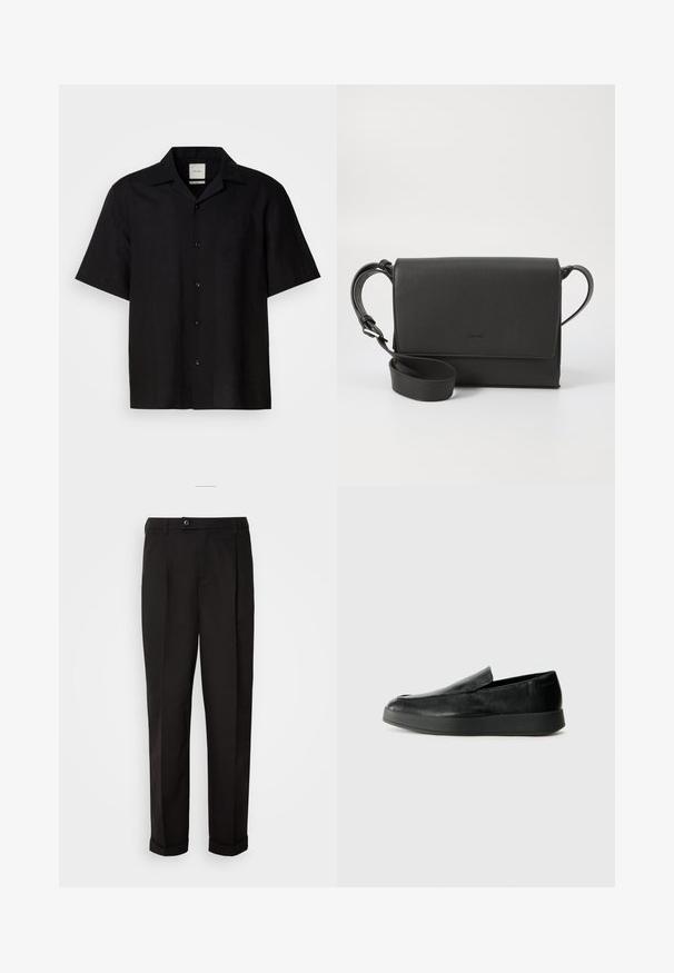 Melnā īsām piedurknēm krekls, kas izgatavots no lina auduma, ar pogu aizdari, norādītu apkakli un gludu tekstūru. Nav izteiktu rakstu vai akcentu.; Melnas bikses ar gludu tekstūru, diviem priekšējiem kabatām, taisnas griezuma un ar vienu pogu vidukļa daļā.; Calvin Klein HYBRID CUP - Čības - triple black; Melnas ādas plecu soma ar teksturētu virsmu, taisnstūra formu, atloka aizdari, regulējamu siksnu un diskrētu logotipu.