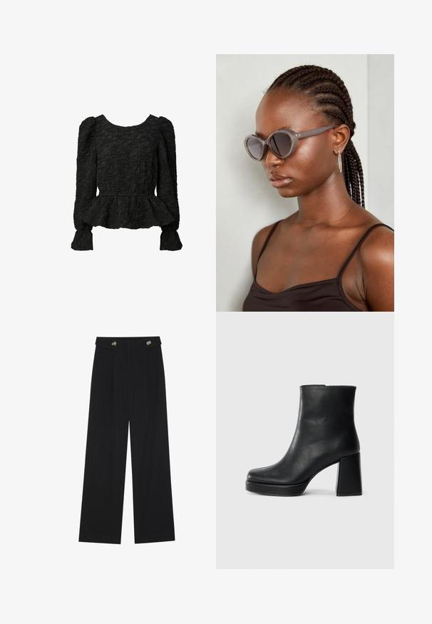 Juodas peplum stilius viršus su tekstūruota medžiaga, apvaliu iškirpimu, ilgomis pūkuotomis rankovėmis ir surinkta juosmens dalimi. Paviršius turi raukšlėtą raštą.; Juodi plačios kojos kelnės su aukštu liemeniu, sagų detalėmis ant liemens ir priekinėmis raukšlėmis.; Juodas odinis kulkšninis botas su bloku ir platformos padu, matomas šoniniu vaizdu ant balto fono.; Pilki per dideli akiniai suapvalinta forma ir tamsiais lęšiais. Išskirtinės plastikinės rėmo formos glotnus paviršius. Modelis turi nertas plaukus.