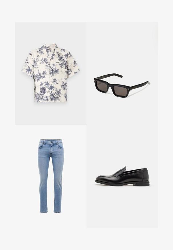Kreminės spalvos trumpomis rankovėmis marškiniai su mėlynu tropiniu palmės raštu, turintys standartinį apykaklę ir mygtukų užsegimą.; Šviesiai mėlynos džinsinės kelnės su siauromis kojomis, penkiais kišenėmis ir tiesiomis kojomis. Su užtrauktuku ir diržo kilpomis. Švelnus paviršius.; Juodos odinės loafers, turinčios lygų paviršių, apvalią noselę ir dekoratyvinę juostą per priekinę dalį. Žemas krentantis kulnas, minimalistinis dizainas.; Juodos stačiakampės akinių nuo saulės su tamsiais objektyvais, storu plastiko rėmu, auksinėmis detalėmis ant šventyklų ir prekės ženklo logotipu išgraviruotu ant šono.