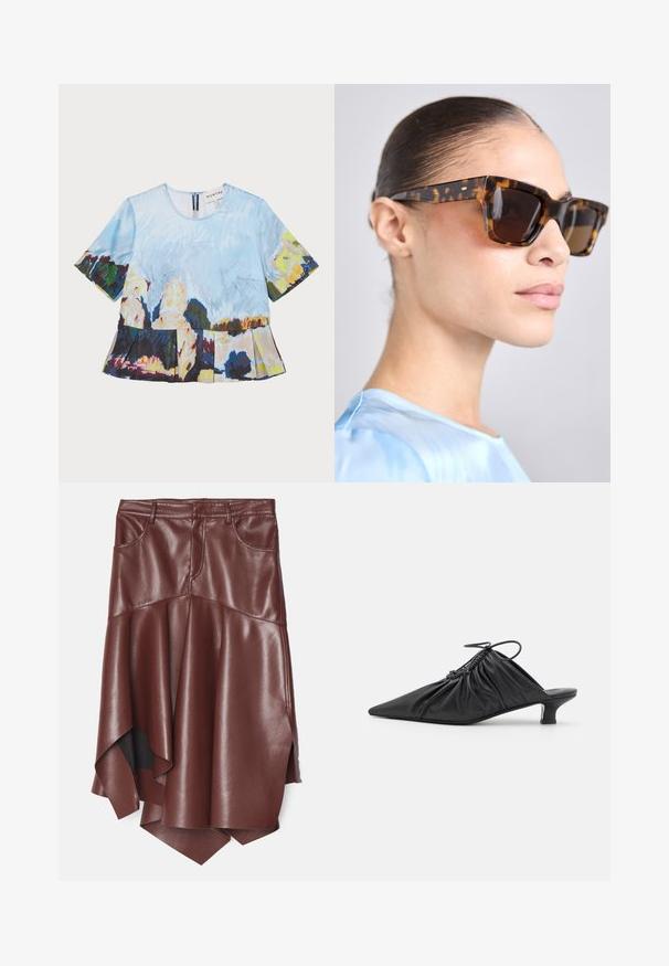 Tričko s krátkým rukávem s uměleckým modrým a vícebarevným potiskem, s řaseným lemem a zapínáním na zip vzadu.; Hnědá sukně z umělé kůže s volánovým, asymetrickým lemem, která má dvě přední kapsy a hladký, lesklý povrch.; Černé kožené slip-on mule s špičatou špicí, shromážděnou texturou a malým podpatkem. Vlastnosti zahrnují stahovací detail na otvoru.; Sluneční brýle v želvovinovém stylu s robustním obdélníkovým rámem. Tmavé čočky a zlaté akcenty na stranicích. Hladký, lesklý povrch.