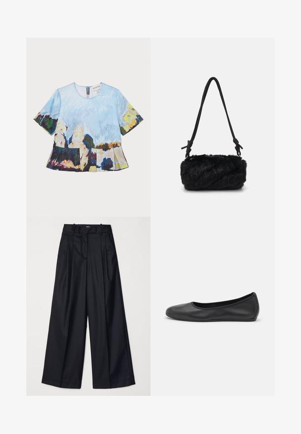 Kortærmet top med et kunstnerisk blåt og multifarvet print, der har en plisseret kant og en lynlås i ryggen.; Sorte breddebenede bukser lavet af glat stof, med høj talje, læg og skræddersyet design. Enkel sort hardware i talje.; Sort læderballetsko med rund tå, glat tekstur, minimal syning og et fleksibelt såldesign.; Sort faux fur håndtaske med en tekstureret, fluffy overflade. Har et slankt sort strop med knyttede detaljer. Kompakt cylindrisk form.
