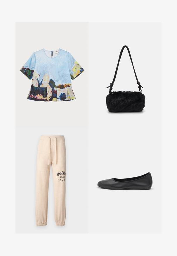 Top de manga corta con un estampado artístico azul y multicolor, que presenta un dobladillo plisado y un cierre de cremallera en la parte posterior.; Pantalones deportivos beige de ajuste holgado confeccionados en tela suave, con cintura elástica y cordón ajustable, y logo/diseño negro en la pierna izquierda.; Bailarina de piel negra con punta redondeada, textura suave, detalle de costura minimalista y diseño de suela flexible.; Bolso de mano de piel sintética negra con un cuerpo texturizado y esponjoso. Presenta una tira negra elegante con acentos anudados. Forma cilíndrica compacta.