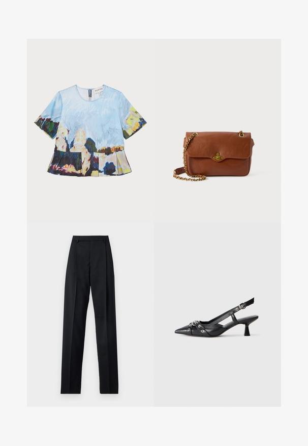 Krótki rękaw, top z artystycznym niebieskim i wielokolorowym nadrukiem, z plisowanym dołem i zamkiem błyskawicznym z tyłu.; Czarne spodnie wykonane z gładkiego materiału, z wysokim stanem, szerokimi nogawkami, fałdami z przodu i klasycznymi szlufkami na pasek. Brak widocznych kieszeni bocznych.; Czarne skórzane buty typu slingback z ostrym noskiem, ozdobnymi paskami z metalowymi oczkami oraz niskim klinowym obcasem. Teksturowana powierzchnia.; Brązowa skórzana torba na ramię z klapą, złotymi elementami i łańcuszkowym paskiem. Gładka tekstura, prostokątny kształt, minimalne zdobienia.