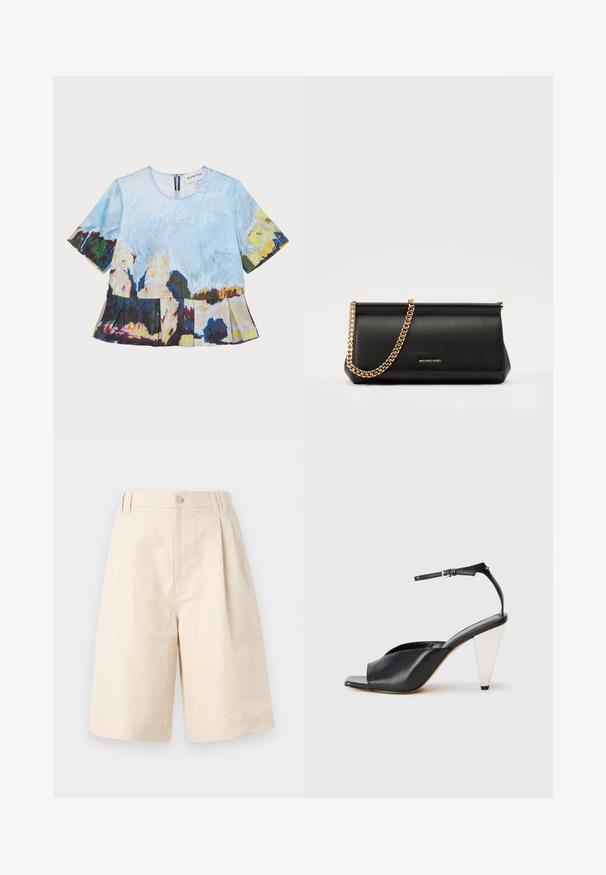 Korteklauw top met een artistieke blauwe en multicolore print, voorzien van een geplooide zoom en een rits aan de achterkant.; Beige linnen shorts met een relaxte pasvorm, voorzien van een knoopsluiting, geplooid ontwerp en knie-lange snit. Glad textuur en eenvoudig stijl.; Zwarte leren hoge hak sandaal met open teen, asymmetrisch ontwerp, enkelbandje en een metalen kegelvormige hak. Glad oppervlak over het geheel.; Zwarte leren clutch tas met een gouden kettinghengsel, voorzien van een gladde textuur, rechthoekige vorm en reliëfmerk op de voorkant.