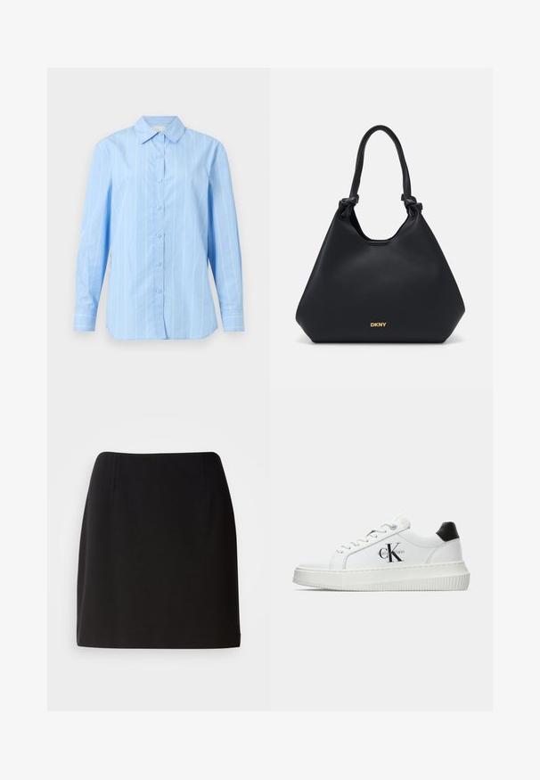 Light blue button-up shirt with vertical white stripes, long sleeves, pointed collar, and buttoned cuffs. Cotton material with a smooth texture.; Black ribbed camisole with thin straps featuring Calvin Klein branding. Simple, fitted design with a smooth texture and no additional patterns.; Black skirt with a fitted silhouette, made from a smooth fabric. Features subtle front pleats and a mid-thigh length design.; White low-top sneaker with black heel tab, platform sole, laces, and Calvin Klein "CK" logo on the side.; Black leather tote bag with a textured finish, knotted handle accents, and gold logo detail at the base. Features a slouchy silhouette.
