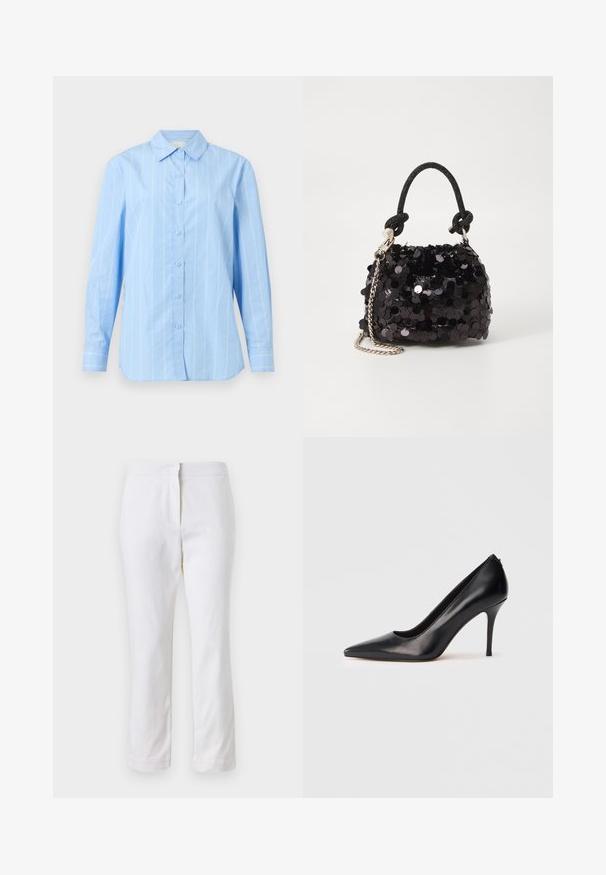 Šviesiai mėlyna marškinėlių su ilgomis rankovėmis, su vertikaliomis baltos juostelėmis, smailiu apykaklės dizainu ir mygtukų užsegimais. Pagaminti iš medvilnės, su glotnia tekstūra.; Balti medvilniniai kelnių su tiesiu kojų dizainu, turintys vidutinį liemenį ir be matomų detalių ar raštų. Lygi tekstūra visame paviršiuje.; Juoda odinė aukštakulnė avalynė su smailiu priekiu, lygiu paviršiumi ir elegantišku dizainu. Turi ploną, pakeltą kulną ir žemą priekinę dalį.; Juodas blizgučių mini rankinukas su mazguotu tekstūruotu dirželiu ir sidabro grandine. Suapvalinta forma su susiraukšlėtopu ir atspindinčiomis detalėmis.