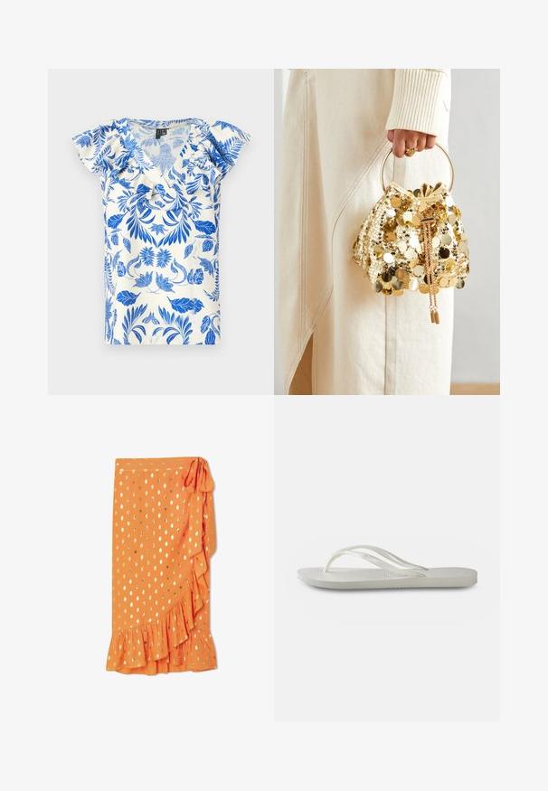 Top cu mânecă scurtă, cu un model floral albastru pe un fundal crem, având o decolteu în formă de V și detalii cu volane pe umeri.; Fustă înfășurată portocalie cu buline aurii, cu tiv ondulat și un laț pe lateral. Confecționată dintr-un material ușor, având o textură fină.; Flip-flop alb cu o talpă texturată, având bretele subțiri și un design plat. Fabricat din cauciuc, cu un logo subtil pe talpa interioară.; Geantă de mână cu mânere circulare, confecționată din paiete aurii, cu un șnur de închidere, având paiete rotunde strălucitoare și o țesătură texturată. Dimensiunile nu sunt furnizate.
