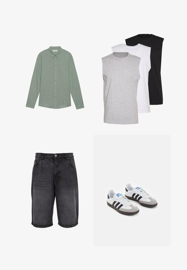 Langärmliges Hemd mit Knopfleiste aus leichten grünen Leinenstoff, mit spitzem Kragen und passenden Knöpfen, das eine dezente Textur aufweist.; Drei ärmellose T-Shirts in Grau, Weiß und Schwarz. Weiches Baumwollmaterial mit Rundhalsausschnitt und lockerer Passform. Einfaches Design, keine Muster.; Schwarze Jeansshorts mit lockerer Passform, fünf Taschen Design und Knopfverschluss. Der Stoff hat eine glatte Textur mit dezentem Verblassen.; Sportschuhe mit einem Obermaterial aus weißem Leder, grauer Wildleder-Zehenkappe und drei schwarzen Streifen. Sie verfügen über ein blaues Logo auf der Zunge und eine strukturierte Gummisohle.