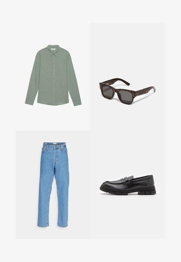 Long-sleeve button-up shirt in light green linen fabric with a pointed collar and matching buttons, featuring a subtle texture.; Light blue high-waist straight-leg jeans with front button, zipper closure, belt loops, and five-pocket design on white background.; Black leather loafers with a smooth finish, featuring a front strap detail and a chunky rubber sole with grooved accents.; Tortoiseshell sunglasses with dark lenses, square frame, and silver accent studs on the front. Made of plastic, lightweight and durable.