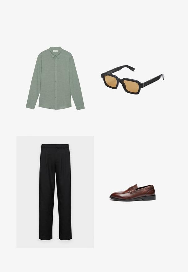 Lange mouw knoopsluiting shirt van lichtgroen linnen stof met een puntige kraag en bijpassende knopen, met een subtiele textuur.; Zwarte broeken van gladde stof, met een recht model, twee voorknikken en een standaard tailleband met riemlussen.; Bruine leren loafers met een gladde afwerking, ronde neus, decoratieve band en zwarte rubberen zool. Heeft een minimale stiksel details.; Het genereren van alternatieve tekst is mislukt.