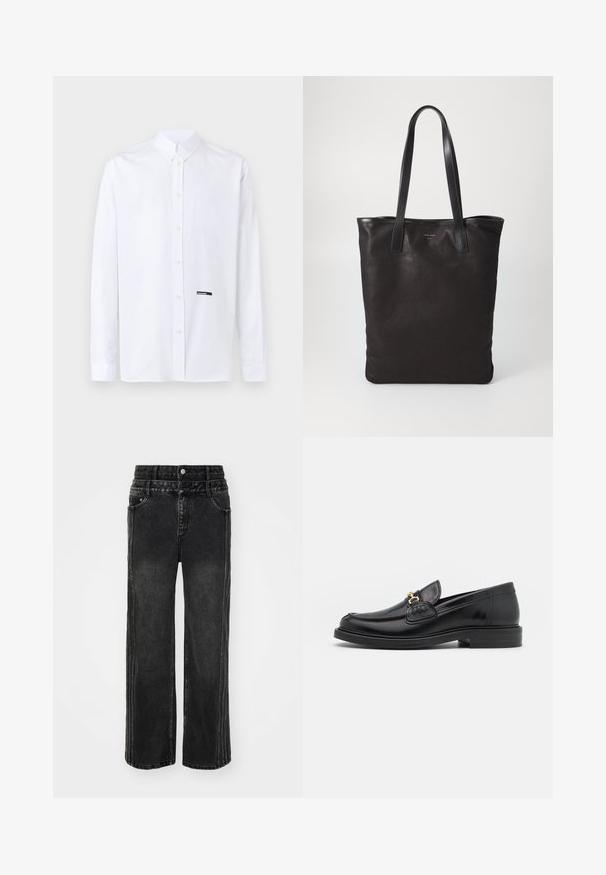 White long-sleeve button-up shirt with a classic collar and a small black "DSQUARED2" label near the lower button placket.; Wide-leg black denim jeans with a faded finish, featuring a button closure, five pockets, and contrasting stitching along the sides.; Black leather loafers with a rounded toe, featuring gold hardware accent and stitching detail, set on a low, textured rubber sole.; Black canvas tote bag with black leather handles. Simple design, spacious body, and a smooth texture. No visible logos or patterns.