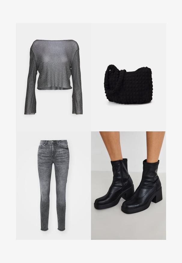 Fekete, fénylő anyagú, rövidített, hosszú ujjú felső. Áttetsző, könnyű anyagból készült, széles kivágással és egyenes szegéllyel.; Feszes farmernadrág fakuló szürke árnyalatban, magas derekú, gombos záródással és szakadt szegéllyel. Finoman texturált farmer anyagból készült.; Fekete bőr bokacsizma magas blokk sarkakkal, oldalsó cipzárral, sima textúrával és hegyes orrformával.; Fekete szövet táska texturált, steppelt mintával. Kerek formájú, rövid, vastag fogantyúkkal és puha, rugalmas szerkezettel.