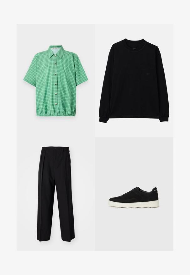 Zaļš īsroku krekls ar režģa rakstu, ar pogu aizdari priekšpusē, apkakli un elastīgu apakšmali ērtai piegulšanai.; Melnas garām piedurknēm T-krekls, izgatavots no kokvilnas, ar apaļu kaklu, kreisās krūtis kabatu un elastīgiem aprocēm. Minimālistisks dizains bez rakstiem.; Melnas plisētās bikses ar taisnu, plata kāja dizainu. Izgatavotas no gludas auduma, ar pogu aizdari un jostas cilpiņām.; Melnas zamšas kedas ar auklām un kontrastējošu baltu gumijas zoli. Iekļauj teksturētas sānu panēles un diskretu zīmolu uz papēža.