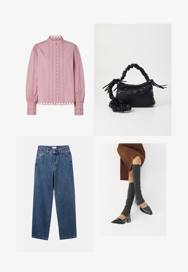 Bluză roz cu guler înalt, închidere cu nasturi în față și dantelă decorativă de-a lungul mânecilor și părților laterale. Material moale cu detalii texturate.; Jeans clasice din denim albastru, cu un design drept, cinci buzunare și închidere cu nasture. Prezentând o spălare medie și o textură rezistentă.; Pantofi negri din piele lacuită, cu vârful ascuțit, toc bloc și curea la glezna, asortați cu jambiere gri cu nervuri și o fustă din suede maro.; Geantă din faux leather neagră cu textură de crocodil, cu partea superioară strânsă și o curea mototolită. Pare moale și compactă ca design.