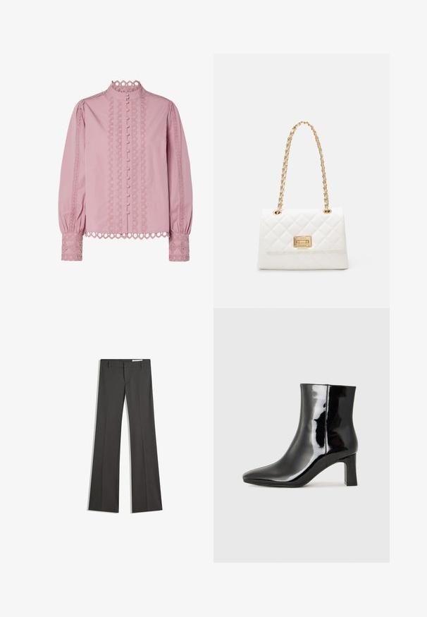 Rózsaszín blúz magas gallérral, gombos elülső résszel és díszes csipke díszítéssel az ujjakon és az oldalakon. Puha anyag texturált részletekkel.; Szürke, bővülő nadrág sima anyagból, lapos elejű, övakasztókkal, elegáns fazonban, tiszta vonalakkal.; Fekete lakk bőrcipő bokáig érő, hegyes orral és közepes magasságú tömbsarokkal. Simább textúrával és minimalista dizájnnal rendelkezik.; Fehér steppelt táska arany lánc pánttal és téglalap alakú csattal. Simaságával és geometrikus varrásmintájával tűnik ki.