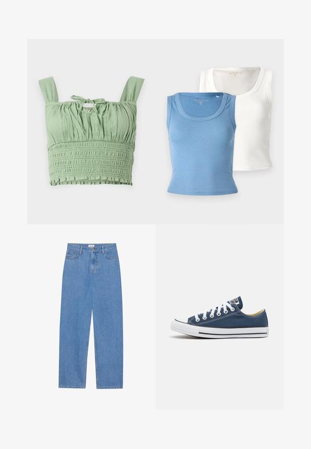 Svijetlozeleni crop top s naboranim teksturom, širokim naramenicama i vezanom dekolteom. Ima skupljeno tkanje za opušteni kroj.; Dva rebrasta topa: jedan svijetlo plave boje i jedan bijeli. Oba imaju okrugli izrez i usku siluetu, naglašavajući teksturu tkanine.; Svijetloplave traperice ravnog kroja, s dizajnom od pet džepova, zatvorenjem na jedan gumb i suptilnim detaljima šivanja na šavovima.; Platnene tenisice u tamnoplavoj boji s bijelim rupicama i vezicama, s bijelim gumiranim vrhom prsti i crnom prugom duž potplata.