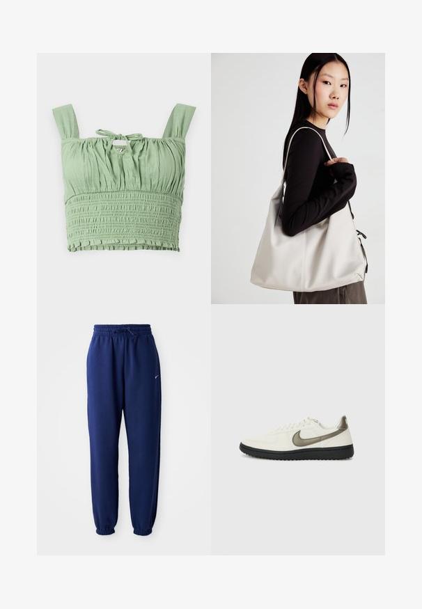 Vaaleanvihreä lyhythihainen crop top, jossa on kuhmuinen rakenne, leveät hihnat ja solmittava kaula-aukko. Tuotteessa on kerättyä kangasta rentoa istuvuutta varten.; Tummansiniset collegehousut pehmeästä kankaasta, joissa on joustava vyötärönyöri, joustavat hihansuut ja pieni valkoinen logo.; Nike Sportswear FIELD GENERAL - Matalavartiset tennarit - off-white/black; Beige laukku, joka on valmistettu pehmeästä materiaalista, ja siinä on rento muotoilu, ommeltu yksityiskohtia ja kaksi olkahihnaa. Sopii päivittäiseen käyttöön.