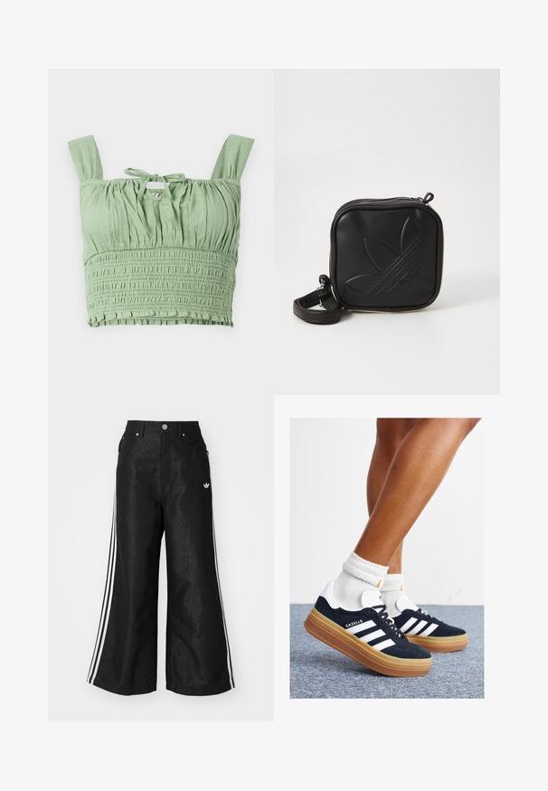 Hellgrünes Crop-Top mit geraffter Textur, breiten Trägern und gebundenem Ausschnitt. Verfügt über gerafften Stoff für eine lockere Passform.; Schwarze, weit geschnittene Jeans mit drei weißen Streifen an jeder Seite und einem kleinen weißen Logo. Mit vorderen Taschen und einem Knopfverschluss.; Schwarze Wildledersneaker mit weißen Streifen und Akzenten, rundlicher Zehenbereich, Sohlen aus braunem Gummi, kombiniert mit weißen, gerippten Sneakersocken.; Schwarze Umhängetasche aus strukturiertem synthetischem Material. Verfügt über ein eingeprägtes Logodesign und einen verstellbaren Riemen. Mit Reißverschluss geschlossen.